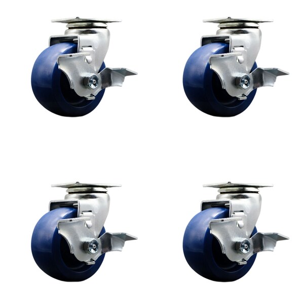 4 Inch Solid Polyurethane Swivel Caster Set with Ball Bearings and Brakes
